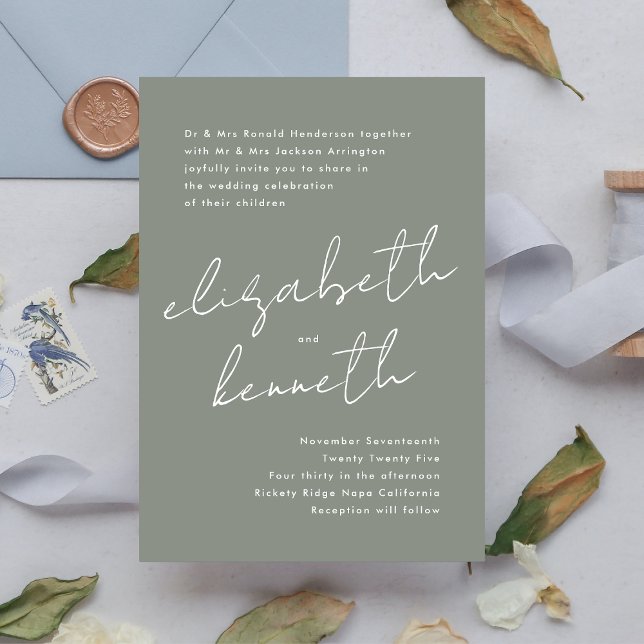 Modern Custom Names Sage Green White Wedding Invitation (Creator Uploaded)