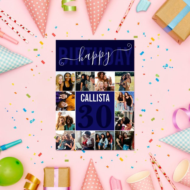 Modern Custom Navy Blue 12 Photo Birthday Card (Creator Uploaded)