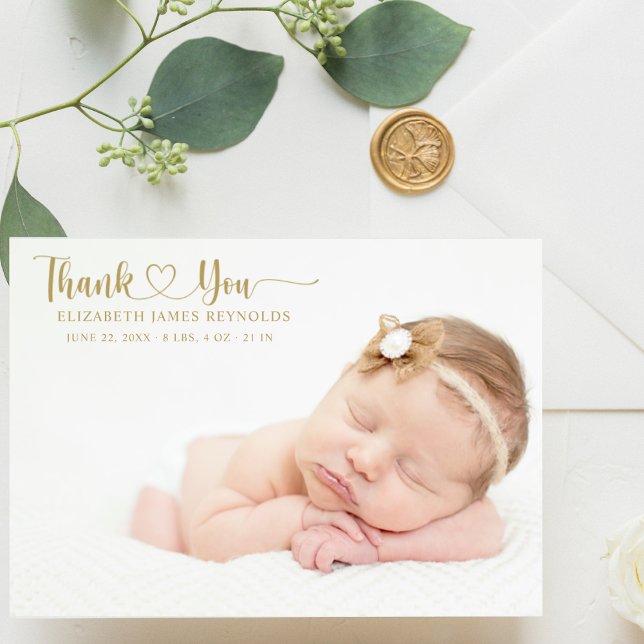 Modern Custom Newborn Baby Photo Gold Heart Script Thank You Card (Creator Uploaded)