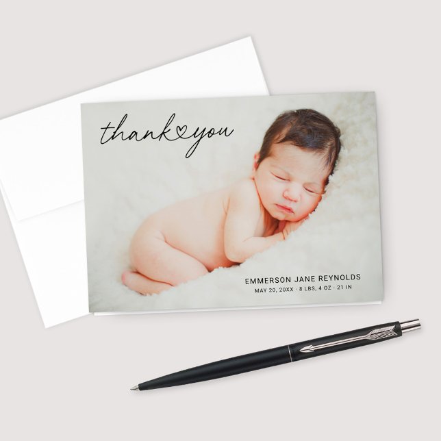 Modern Custom Newborn Baby Photo Heart Script Thank You Card (Creator Uploaded)
