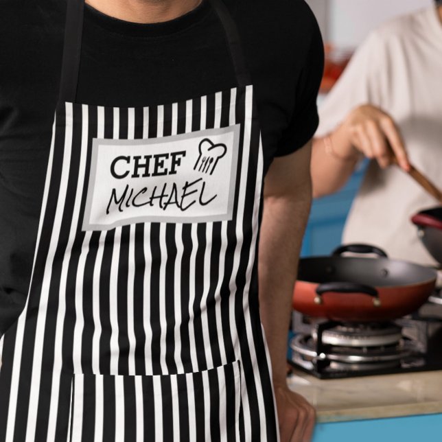 Modern Custom Personalised Chef Black Striped Apron (Creator Uploaded)