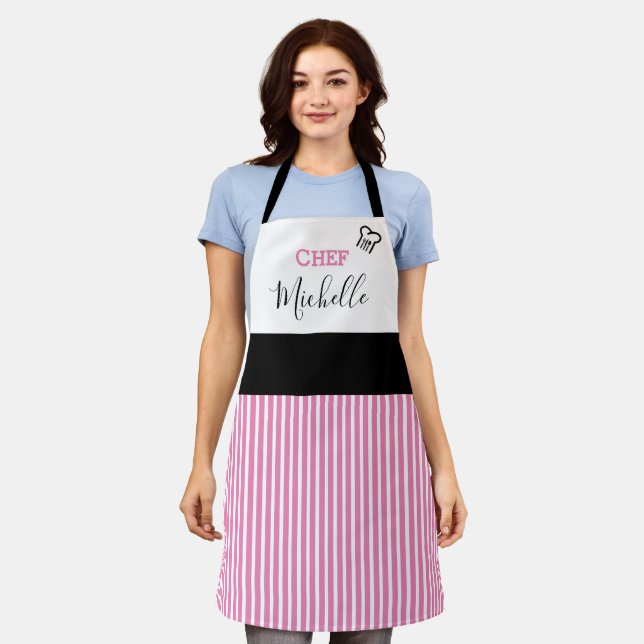 Modern Custom Personalised Chef Pink Striped Apron (Worn)