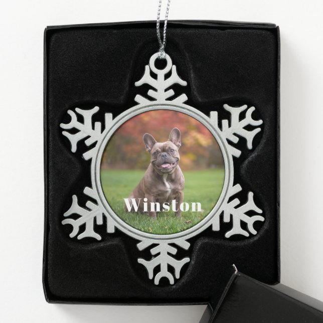 Modern Custom Pet Name Photo Holiday Snowflake Pewter Christmas Ornament (Box)