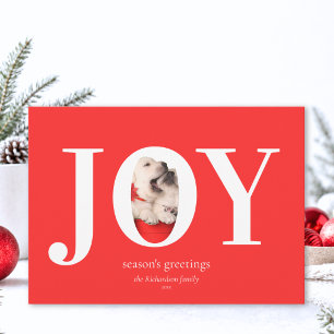 Modern Custom Pet Photo Joy Red Christmas Holiday Card
