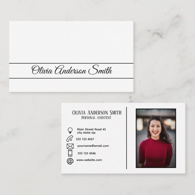 Modern Custom photo and contacts white Business Card (Front/Back)