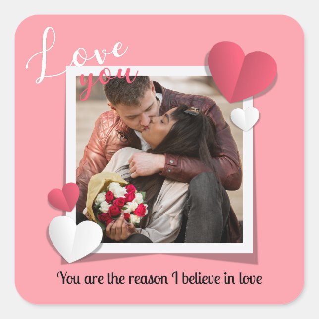 Modern Custom Photo and Love Message Square Sticker (Front)