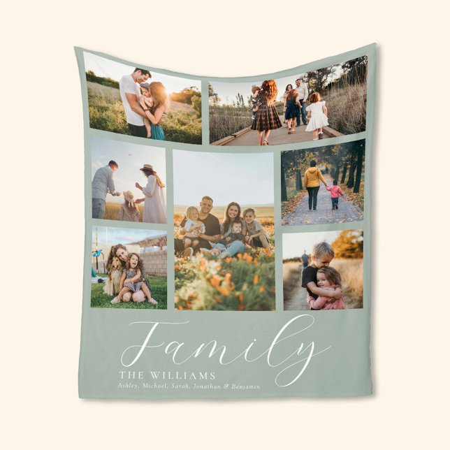 Modern Custom Photo Collage Elegant Script Family Fleece Blanket (Creator Uploaded)