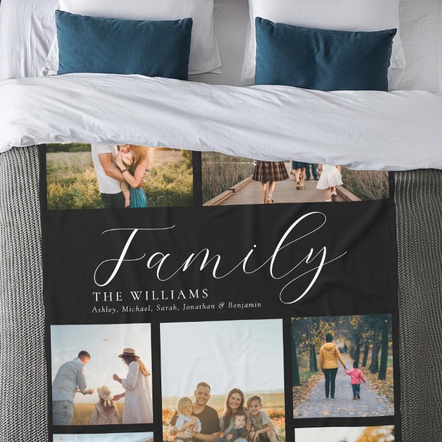 Modern Custom Photo Collage Elegant Script Family Fleece Blanket (Creator Uploaded)