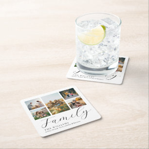 Modern Custom Photo Collage Elegant Script Family Square Paper Coaster