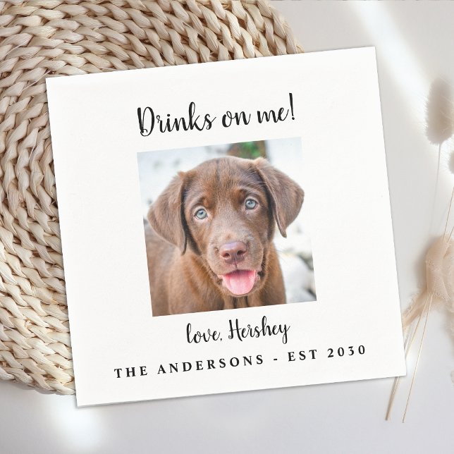 Modern Custom Photo Drinks On Me Dog Pet Wedding Napkin (Creator Uploaded)