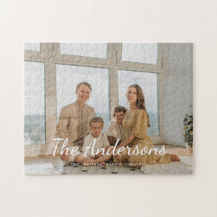 Modern Custom Photo Family Name Script Jigsaw Puzzle