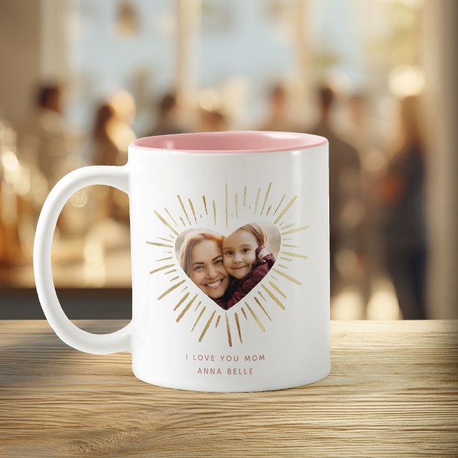 Modern Custom Photo Gold Heart Mother's Day Two-Tone Coffee Mug (Creator Uploaded)
