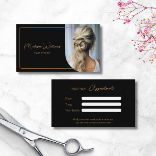 Modern Custom Photo Hair Stylist Black and Gold Appointment Card