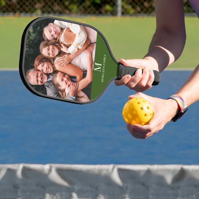 Modern custom Photo Monogram Name Forest Green Pickleball Paddle (Insitu)