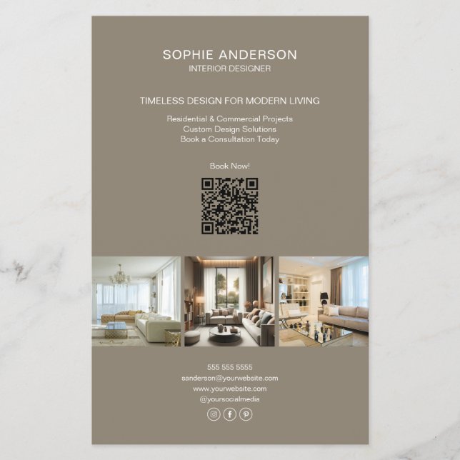 Modern Custom Photo QR Taupe Professional Business Flyer (Front)