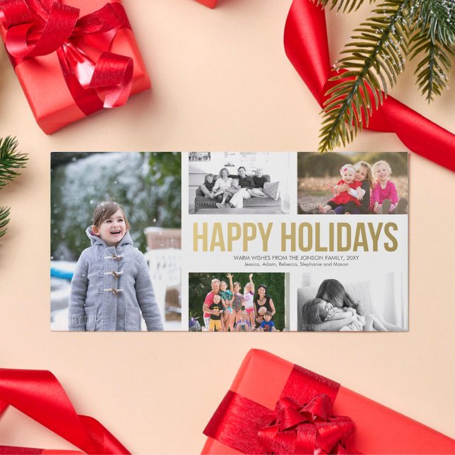 Modern Custom Photo Stylish Collage Faux Gold  Holiday Card (Creator Uploaded)