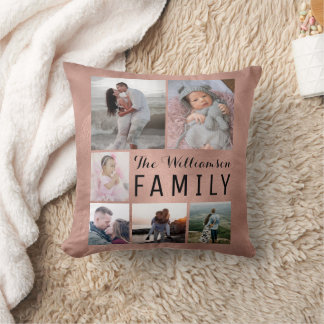 Modern Custom Rose Gold White Family Photo Collage Cushion