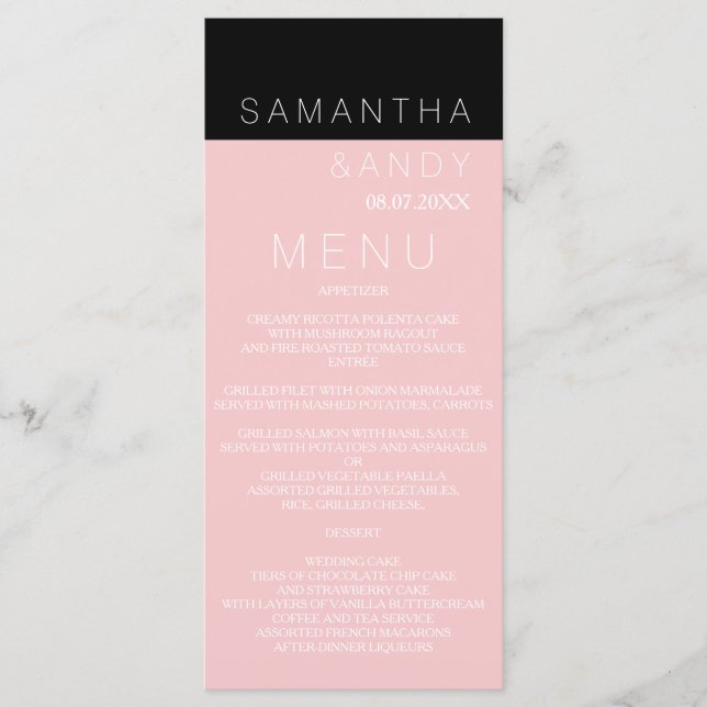 Modern custom rose pink colour block wedding menu (Front)