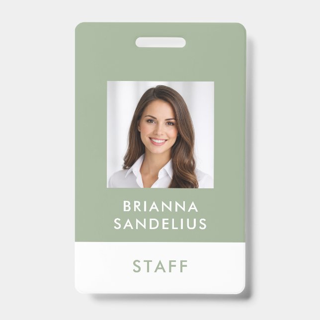 Modern Custom Script Sage Green Photo ID Name Badge (Front)