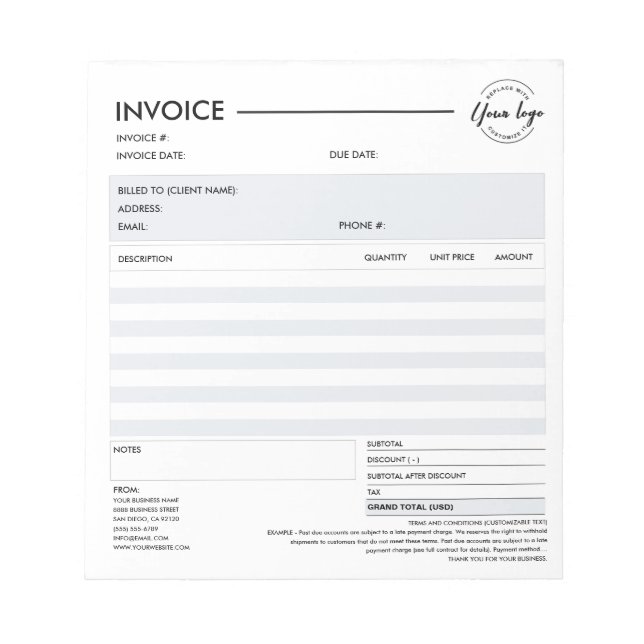 Modern Custom Small Business Invoice Sales Receipt Notepad (Front)