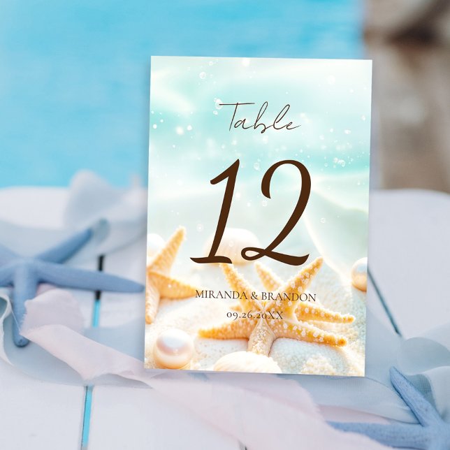 Modern Custom Starfish Shells Ocean Beach Wedding Table Number (Creator Uploaded)