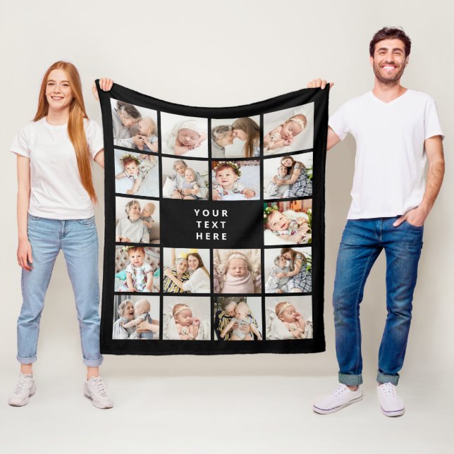 Modern Custom Text 18-Photo Collage Fleece Blanket (In Situ)