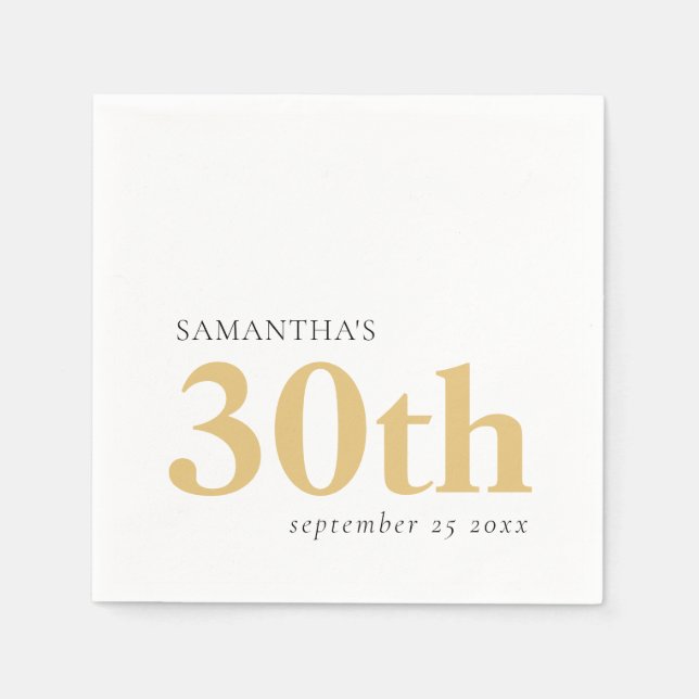 Modern Custom Text Black Gold 30th Name Date  Napkin (Front)