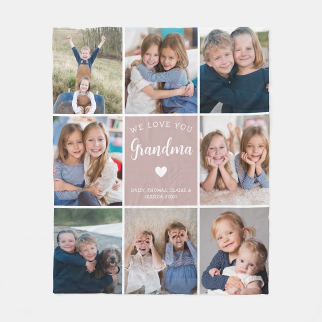 Modern Custom Text Grandma 8-Photo Collage Fleece Blanket (Front)