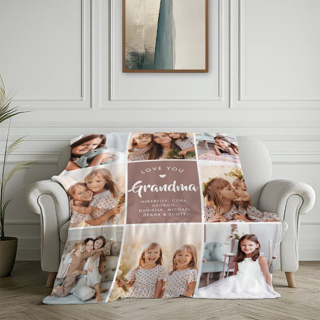 Modern CUSTOM TEXT Grandma Family Photo Collage Fleece Blanket (Creator Uploaded)