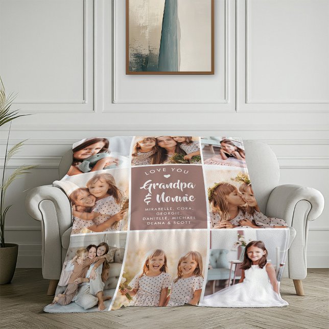 Modern CUSTOM TEXT Grandpa Nonnie Photo Collage Fleece Blanket (Creator Uploaded)