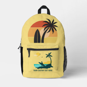 Modern Custom Text Summer Tropical Surfer Sunset Printed Backpack