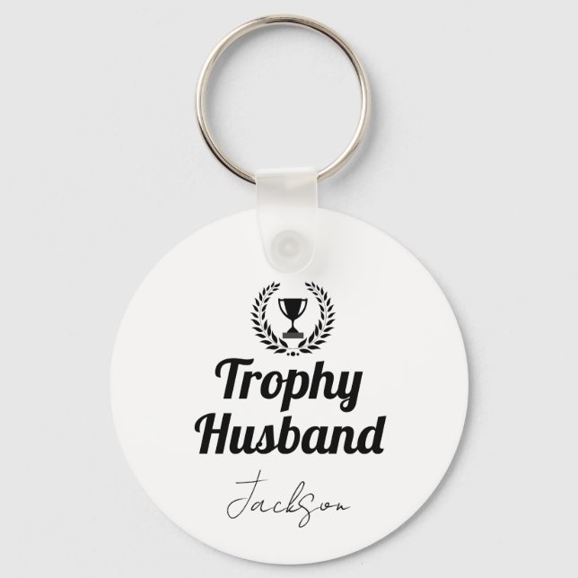 Modern Custom Trophy Husband Name Black Key Ring (Front)