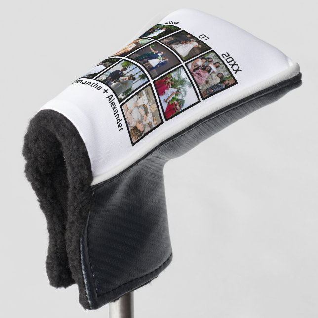 Modern Custom Wedding Anniversary 9 Photo Collage Golf Head Cover (3/4 Front)