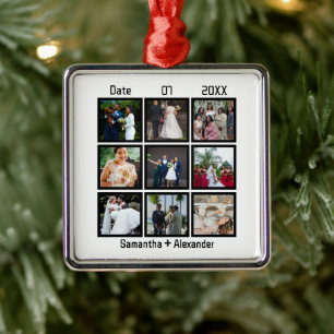 Modern Custom Wedding Anniversary 9 Photo Collage Metal Ornament