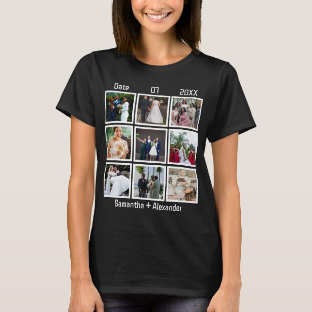 Modern Custom Wedding Anniversary 9 Photo Collage T-Shirt (Front)