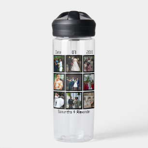 Modern Custom Wedding Anniversary 9 Photo Collage Water Bottle