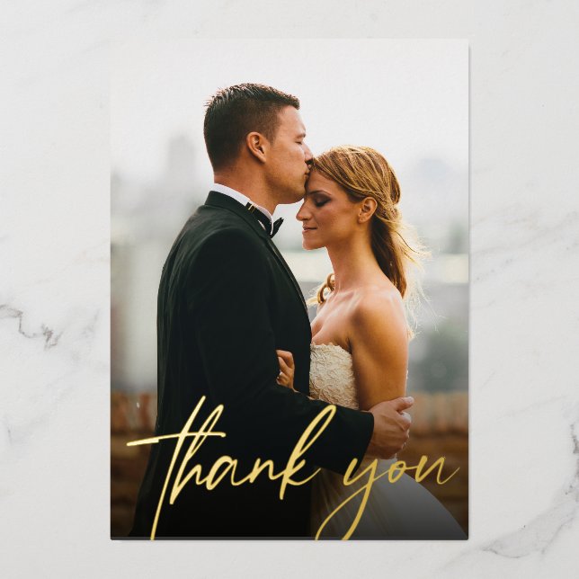 Modern Custom Wedding Photos Gold Foil Thank you Holiday Card (Front)