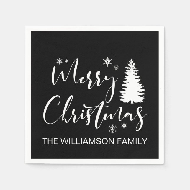 Modern Custom White Black Tree Merry Christmas Napkin (Front)