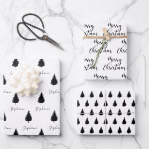 Modern Custom White Black Tree Merry Christmas Wrapping Paper Sheet