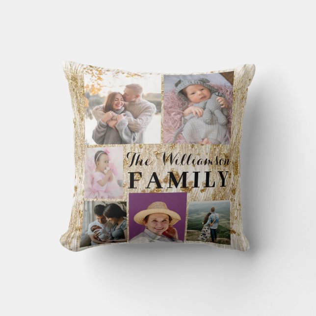 Modern Custom White Gold Family Photo Collage  Cushion (Front)