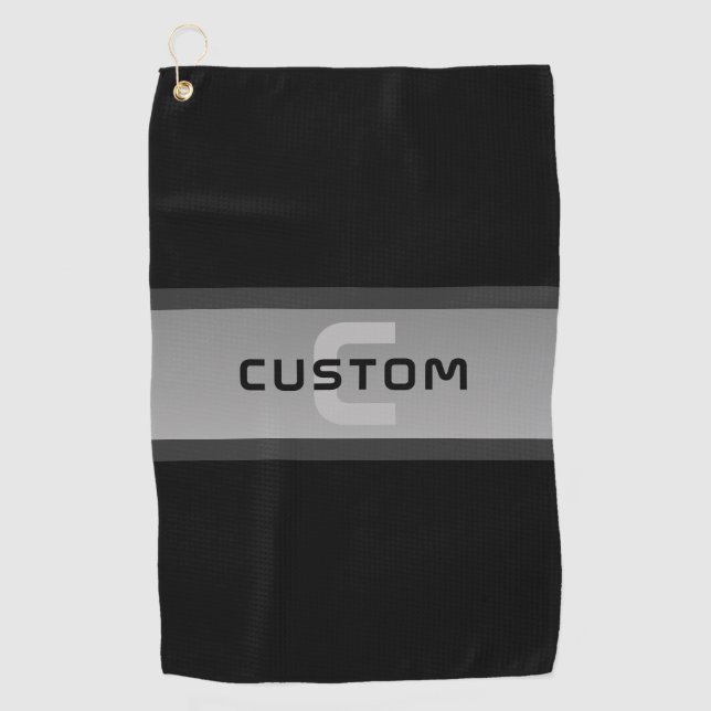 Modern Customisable Layered Text | Black & Grey Golf Towel (Front)