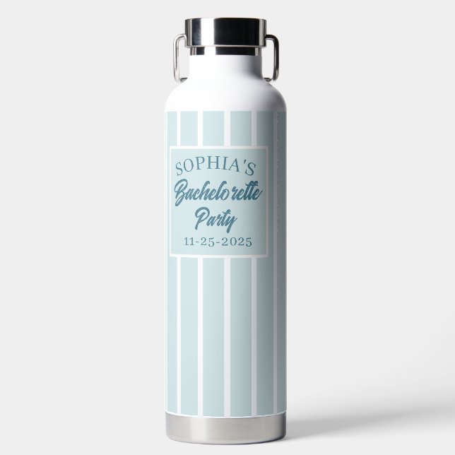 Modern Customs Bachelorette party Name Date Blue Water Bottle (Front)