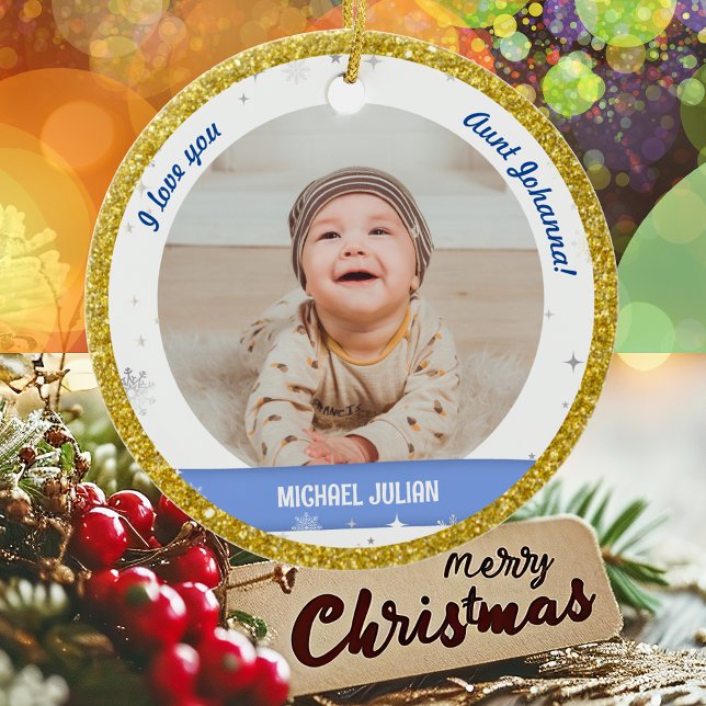 Modern Cute 2 Photos Baby Boy First Christmas Aunt Ceramic Ornament (Modern Elegant Cute I love you, Aunt! First Christmas Baby Boy 2 Photos Golden Faux Glitter Snow)