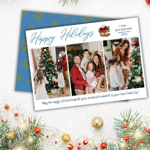 Modern cute 3-photo collage elegant blue Christmas Holiday Card