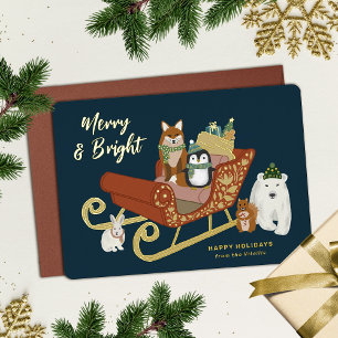 Modern Cute Animal Friends and Sleigh Christmas  Foil Holiday Card