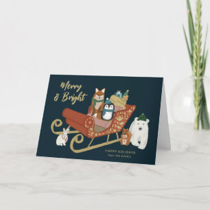 Modern Cute Animal Friends and Sleigh Christmas Holiday Card