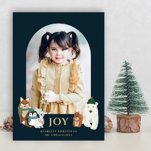 Modern Cute Animals Arch Photo Christmas   Navy Holiday Card