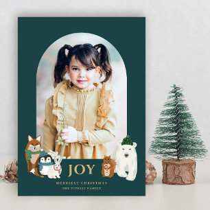 Modern Cute Animals Arch Photo Christmas   Teal Holiday Card