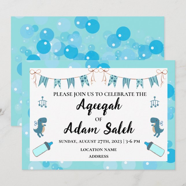Modern Cute Aqeeqah Boy Blue Invitation Card (Front/Back)