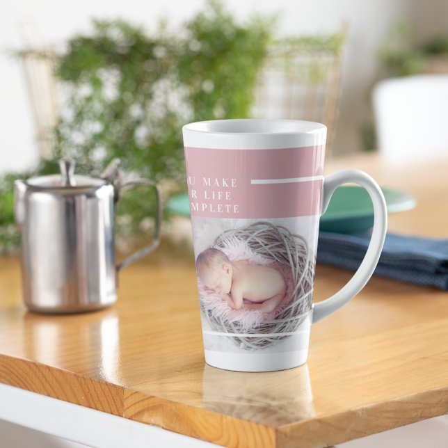 Modern Cute Baby Photo | Pink & White | Quote  Latte Mug (Creator Uploaded)